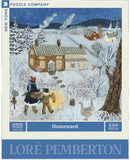 A colorful jigsaw puzzle box featuring a winter scene. Two figures walk towards a cozy cottage surrounded by snow, with smoke rising from the chimney. The landscape includes trees, a few houses, and a couple of geese, capturing a serene, festive atmosphere. The puzzle contains 500 pieces, showcasing artwork by Loré Pemberton.