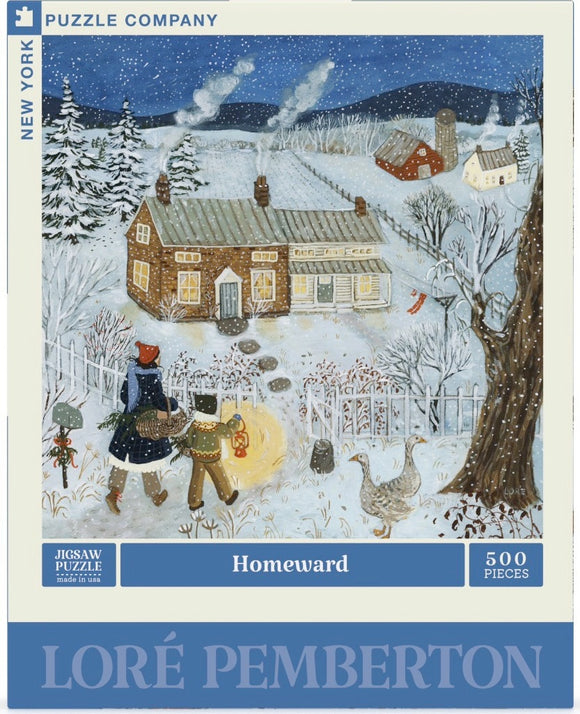 A colorful jigsaw puzzle box featuring a winter scene. Two figures walk towards a cozy cottage surrounded by snow, with smoke rising from the chimney. The landscape includes trees, a few houses, and a couple of geese, capturing a serene, festive atmosphere. The puzzle contains 500 pieces, showcasing artwork by Loré Pemberton.