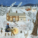 A cozy winter scene depicting a quaint, snow-covered house with smoke rising from the chimney. In the foreground, a parent and child walk towards the house, carrying a basket and a lantern. Surrounding the home are snow-dusted trees and a white picket fence, with geese wandering nearby, creating a warm, festive atmosphere.