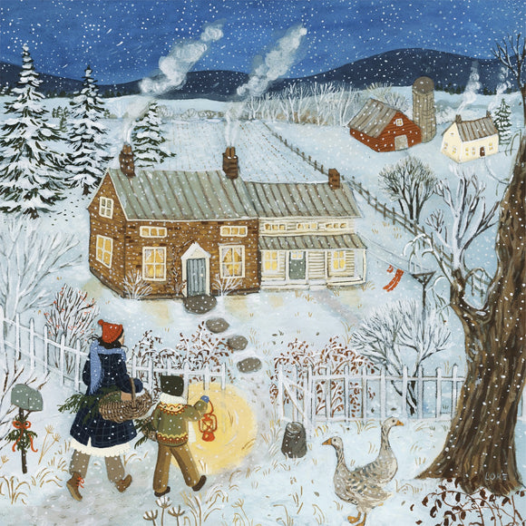 A cozy winter scene depicting a quaint, snow-covered house with smoke rising from the chimney. In the foreground, a parent and child walk towards the house, carrying a basket and a lantern. Surrounding the home are snow-dusted trees and a white picket fence, with geese wandering nearby, creating a warm, festive atmosphere.