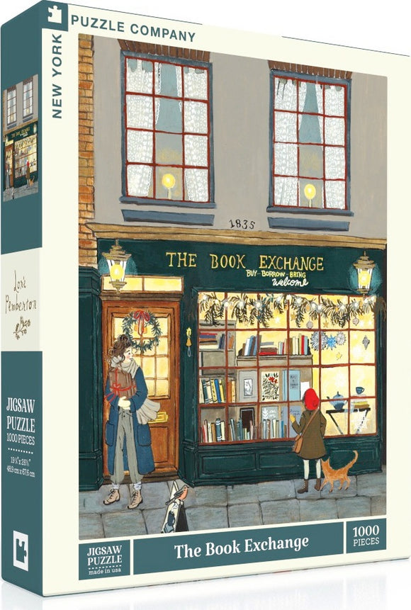 The Book Exchange jigsaw puzzle by New York Puzzle Company with 1000 pieces, depicting a quaint bookstore scene featuring a storefront adorned with festive decorations, two characters interacting, and a cat nearby.