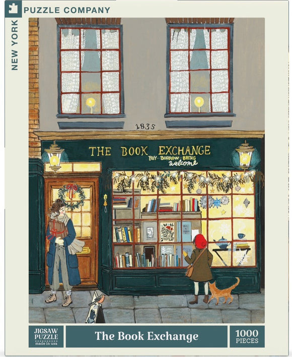 A vibrant illustration of a quaint book exchange storefront. The scene features two people, one with curly hair and a blue coat standing outside, and a child in a red coat looking at books through a window. A small dog sits nearby. The storefront is adorned with festive decorations and a sign that says 'The Book Exchange'.