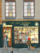 A charming illustration of a book exchange storefront featuring a warm and inviting atmosphere. The shop displays numerous books in the windows, adorned with festive decorations like garlands and lights. A person stands outside holding a gift, while a child in a red hat and a dog admires the window display. The sign reads 'THE BOOK EXCHANGE - BUY, BORROW, BRING - WELCOME.'