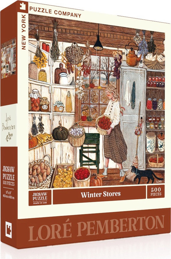 A Jigsaw puzzle titled 'Winter Stores' by New York Puzzle Company featuring a warm, rustic scene of a woman in a cozy shop filled with winter produce, jars, and decorations, emphasizing a homey, seasonal atmosphere. The packaging showcases 500 pieces and vibrant colors, inviting puzzle enthusiasts to enjoy a delightful design by artist Loré Pemberton.