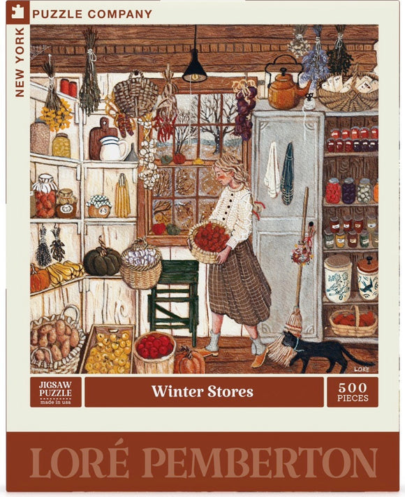 A cozy illustration featuring a woman in a rustic winter setting, surrounded by various jars of preserves, fruits, vegetables, and a dog. She holds a basket filled with red berries, standing in front of a wooden table adorned with seasonal produce. The background includes a large window showcasing a wintery landscape.