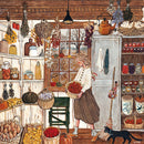 A cozy jigsaw puzzle illustration titled 'Winter Stores' by New York Puzzle Company. It depicts a woman in a charming store filled with jars of preserved goods, vegetables, and hanging herbs, with a window showing a snowy landscape. A black cat is near her feet.
