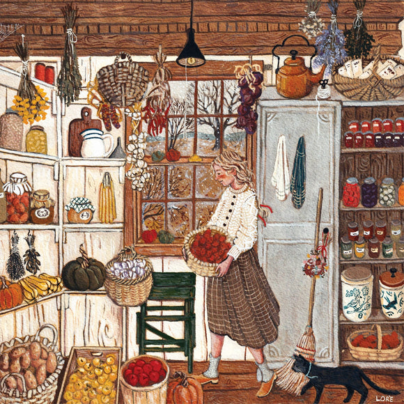 A cozy jigsaw puzzle illustration titled 'Winter Stores' by New York Puzzle Company. It depicts a woman in a charming store filled with jars of preserved goods, vegetables, and hanging herbs, with a window showing a snowy landscape. A black cat is near her feet.