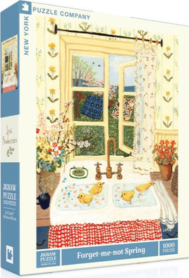 The Forget-Me-Not Spring jigsaw puzzle features a charming kitchen scene with a sink adorned with soap and playful yellow ducklings, vibrant flowers, and a sunny window showcasing a scenic view. The puzzle is designed with intricate details and colors, offering a delightful challenge for puzzle enthusiasts. It contains 1000 pieces and is made by New York Puzzle Company.