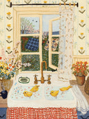A cozy kitchen scene featuring a window with a view of blossoming trees and green fields. There are two yellow ducklings in a sink decorated with flowers and a bar of soap. Bright flowers are arranged in a vase by the window, and patterned tablecloth adds charm to the setting.