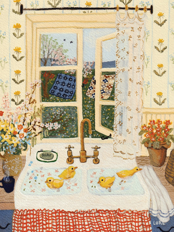 A cozy kitchen scene featuring a window with a view of blossoming trees and green fields. There are two yellow ducklings in a sink decorated with flowers and a bar of soap. Bright flowers are arranged in a vase by the window, and patterned tablecloth adds charm to the setting.