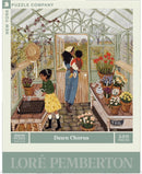 Dawn Chorus Jigsaw Puzzle by New York Puzzle Company depicting a charming greenhouse scene. Three children interact among vibrant flowers, pots, and gardening tools. The artwork is colorful and whimsical, showcasing a nurturing atmosphere as they engage in gardening activities. Perfect for puzzle enthusiasts who appreciate art and nature.