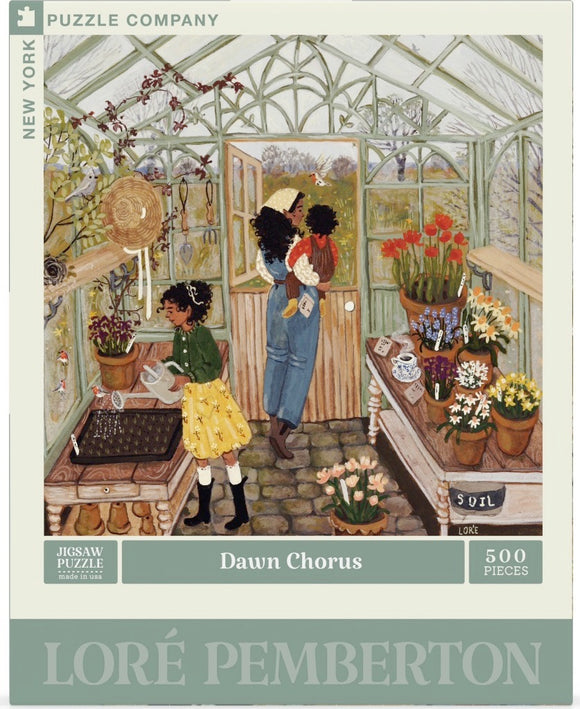Dawn Chorus Jigsaw Puzzle by New York Puzzle Company depicting a charming greenhouse scene. Three children interact among vibrant flowers, pots, and gardening tools. The artwork is colorful and whimsical, showcasing a nurturing atmosphere as they engage in gardening activities. Perfect for puzzle enthusiasts who appreciate art and nature.