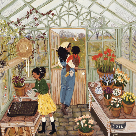 A vibrant jigsaw puzzle titled 'Dawn Chorus' by New York Puzzle Company, featuring an illustration of a greenhouse scene. A woman holds a child while another child with curly hair waters plants in the foreground. The greenhouse is filled with colorful flowers in pots and various gardening tools, conveying a joyful atmosphere of gardening and family.