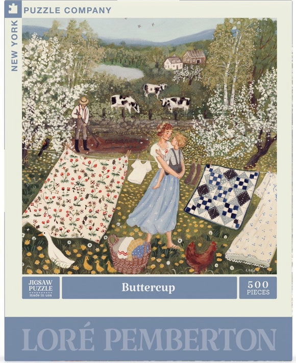 The Buttercup jigsaw puzzle by New York Puzzle Company features a charming pastoral scene with a woman holding a child, a farmer working in a field, cows grazing, and freshly laundered clothes hanging on a line. The artwork, designed by Loré Pemberton, is vibrant and colorful, showcasing a serene countryside setting with blooming flowers and a tranquil pond in the background. This 500-piece puzzle invites enthusiasts to recreate a nostalgic rural landscape.