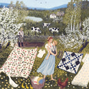 A charming jigsaw puzzle titled 'Buttercup' showcasing a serene countryside scene. A woman holds a child while standing among clothes hanging on a line. In the background, cows graze near a stone wall, a man works in the field, and blooming trees and distant houses complete the pastoral landscape.
