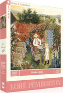 A colorful jigsaw puzzle titled 'Beekeepers' by New York Puzzle Company, featuring a serene scene with two beekeepers in a quaint garden. One beekeeper, dressed in a white suit and straw hat, holds a hive frame while the other observes. The background shows lush greenery, vibrant flowers, and bee boxes, evoking a peaceful, rustic setting. The puzzle consists of 500 pieces and measures 19 x 28 inches.