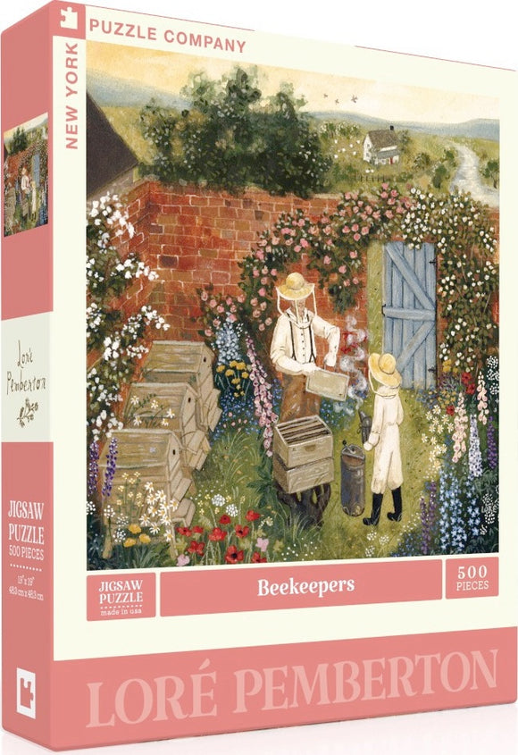 A colorful jigsaw puzzle titled 'Beekeepers' by New York Puzzle Company, featuring a serene scene with two beekeepers in a quaint garden. One beekeeper, dressed in a white suit and straw hat, holds a hive frame while the other observes. The background shows lush greenery, vibrant flowers, and bee boxes, evoking a peaceful, rustic setting. The puzzle consists of 500 pieces and measures 19 x 28 inches.