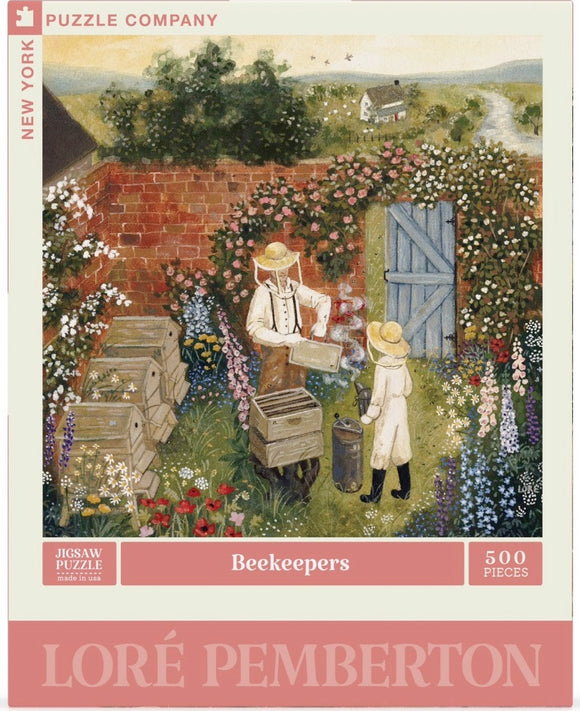 A vibrant jigsaw puzzle box titled 'Beekeepers', featuring a scenic illustration by Loré Pemberton. It depicts two beekeepers tending to hives amidst a colorful flower garden with a rustic background. The puzzle contains 500 pieces and showcases nature's beauty and the art of beekeeping.