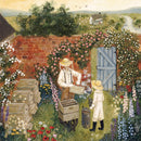 A beautifully illustrated jigsaw puzzle featuring two beekeepers tending to their hives in a colorful garden. The scene includes blooming flowers, a brick wall, and a charming countryside view in the background. One beekeeper is wearing a protective veil and working with the hives, while a child stands nearby, holding a smoker.