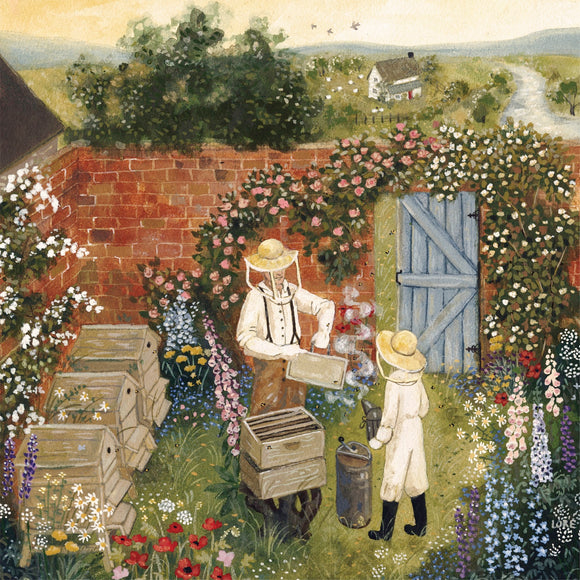 A beautifully illustrated jigsaw puzzle featuring two beekeepers tending to their hives in a colorful garden. The scene includes blooming flowers, a brick wall, and a charming countryside view in the background. One beekeeper is wearing a protective veil and working with the hives, while a child stands nearby, holding a smoker.