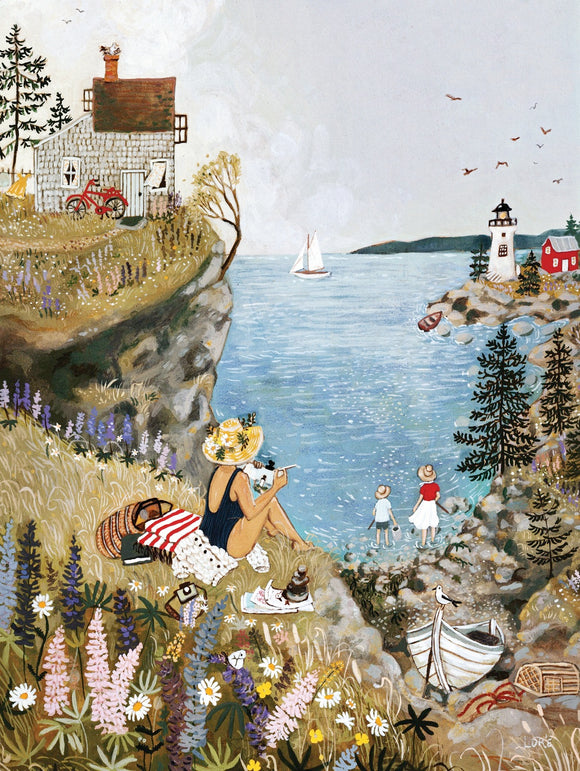 A serene jigsaw puzzle illustration titled 'Sea Cottage' featuring a coastal scene. A woman in a wide-brimmed hat enjoys the view while seated on grass adorned with colorful flowers. A quaint cottage sits on a cliff with a red bicycle, while the calm ocean reflects the sailboats and a lighthouse in the distance. Children are seen near the water, embodying a peaceful seaside moment.