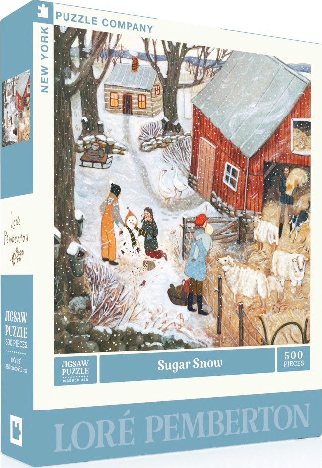 Sugar Snow jigsaw puzzle by New York Puzzle Company featuring a charming winter scene with children building a snowman, a cozy farmhouse, and farm animals in a snowy landscape. The puzzle comprises 500 pieces and showcases artwork by Loré Pemberton.