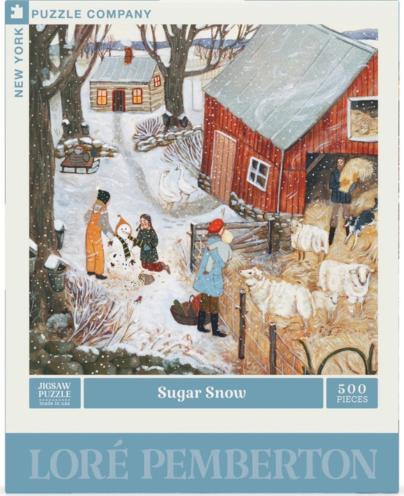 A cozy winter scene depicted in the Sugar Snow jigsaw puzzle by New York Puzzle Company. The image shows children building a snowman amidst a snowy landscape, a red barn in the background, and farm animals like sheep. The design is rich in detail, showcasing a charming countryside vibe, making it an engaging 500-piece puzzle for all ages.
