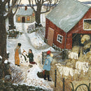 A charming winter scene depicted in the jigsaw puzzle titled 'SUGAR SNOW' by New York Puzzle Company. It features people building a snowman in a snowy landscape, a cozy cabin with glowing windows, and a red barn. Geese walk near a fenced area where sheep graze, adding to the idyllic countryside atmosphere.