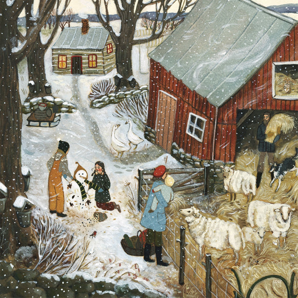 A charming winter scene depicted in the jigsaw puzzle titled 'SUGAR SNOW' by New York Puzzle Company. It features people building a snowman in a snowy landscape, a cozy cabin with glowing windows, and a red barn. Geese walk near a fenced area where sheep graze, adding to the idyllic countryside atmosphere.