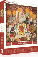 The Mulberry Cake jigsaw puzzle from New York Puzzle Company features a whimsical illustration of woodland creatures gathered around a festive table adorned with a variety of colorful desserts and seasonal decorations. The scene includes a fox, a rabbit, and various birds, presenting a cozy, inviting atmosphere perfect for puzzle lovers.