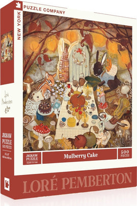 The Mulberry Cake jigsaw puzzle from New York Puzzle Company features a whimsical illustration of woodland creatures gathered around a festive table adorned with a variety of colorful desserts and seasonal decorations. The scene includes a fox, a rabbit, and various birds, presenting a cozy, inviting atmosphere perfect for puzzle lovers.