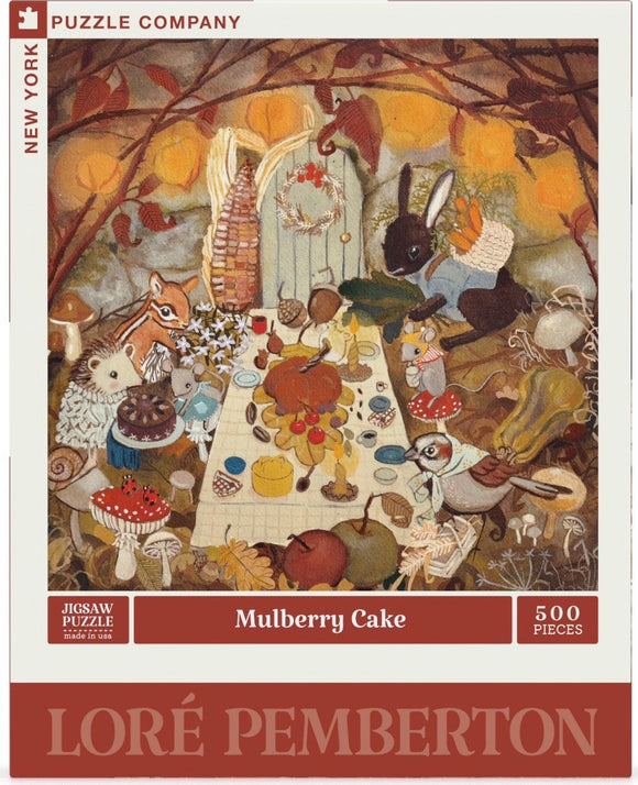 A whimsical jigsaw puzzle titled 'Mulberry Cake' featuring a colorful woodland scene with various animals, including a rabbit, squirrel, and bird, gathered around a table filled with an array of treats and decorations, surrounded by seasonal foliage. The artwork is vibrant and captures the essence of a joyful gathering.