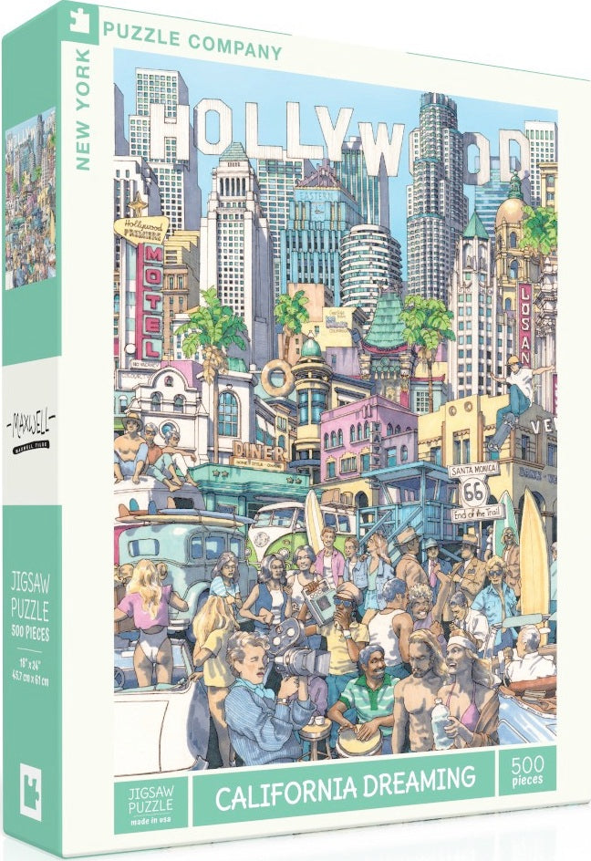 California Dreaming Jigsaw Puzzle by New York Puzzle Company featuring a vibrant and colorful illustration of Hollywood, complete with iconic landmarks, surfers, and diverse characters enjoying a sunny day. This puzzle contains 500 pieces and measures 18 x 24 inches, perfect for puzzle enthusiasts looking for a nostalgic California theme.