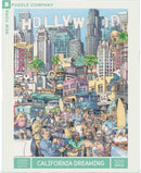 California Dreaming jigsaw puzzle by New York Puzzle Company, featuring a vibrant illustration of Hollywood with iconic landmarks, vintage cars, and diverse characters enjoying the California lifestyle. This 500-piece puzzle brings the allure of Los Angeles to your home, perfect for puzzle enthusiasts.