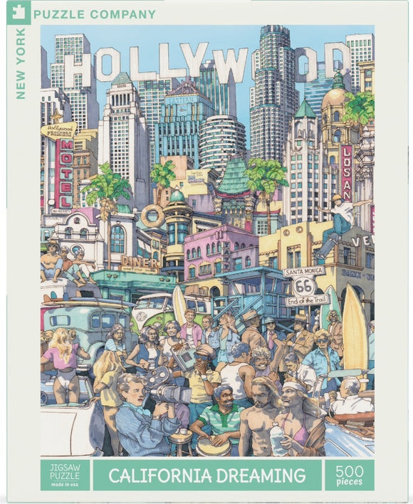 California Dreaming jigsaw puzzle by New York Puzzle Company, featuring a vibrant illustration of Hollywood with iconic landmarks, vintage cars, and diverse characters enjoying the California lifestyle. This 500-piece puzzle brings the allure of Los Angeles to your home, perfect for puzzle enthusiasts.