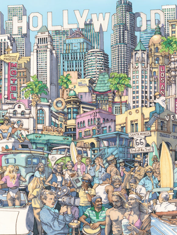 A vibrant jigsaw puzzle titled 'California Dreaming' by New York Puzzle Company, featuring a colorful illustration of Hollywood with iconic landmarks, diners, surfboards, and crowds enjoying a day out in California's sunny atmosphere.