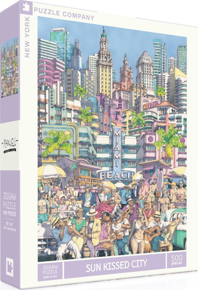 The Sun Kissed City jigsaw puzzle by New York Puzzle Company features a vibrant and colorful illustration of a lively beach scene in Miami. The artwork showcases a variety of characters enjoying the sun, with high-rise buildings, palm trees, and classic cars adding to the bustling city vibe. This 500-piece puzzle is perfect for art lovers and puzzle enthusiasts alike who appreciate intricate details and a festive atmosphere.