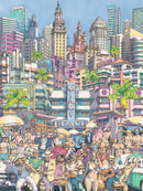 A vibrant jigsaw puzzle showcasing a lively Miami Beach scene. The artwork features colorful buildings, palm trees, and a diverse crowd enjoying the beach life, complete with musicians, sunbathers, and vintage cars. The skyline illustrates iconic Miami architecture, enhancing the sunny, festive atmosphere.