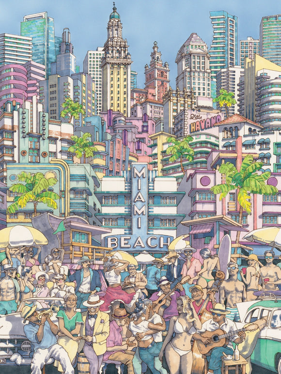A vibrant jigsaw puzzle showcasing a lively Miami Beach scene. The artwork features colorful buildings, palm trees, and a diverse crowd enjoying the beach life, complete with musicians, sunbathers, and vintage cars. The skyline illustrates iconic Miami architecture, enhancing the sunny, festive atmosphere.