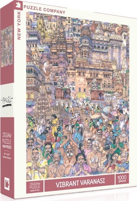 A colorful box showcasing the Vibrant Varanasi jigsaw puzzle by New York Puzzle Company. The puzzle features a bustling scene of people in traditional attire around the iconic temples and ghats of Varanasi, India, captured in intricate detail. It contains 1000 pieces, perfect for puzzle enthusiasts who appreciate vibrant artistry and cultural richness.