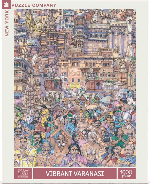 A colorful jigsaw puzzle titled 'Vibrant Varanasi' by New York Puzzle Company, featuring a bustling scene depicting the iconic ghats of Varanasi, India. The artwork showcases diverse individuals in traditional attire, buildings adorned with intricate architecture, and the lively atmosphere of the city, all captured in 1000 puzzle pieces.