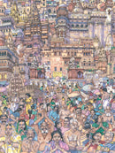 A colorful jigsaw puzzle featuring a vibrant scene from Varanasi, India. The illustration showcases a bustling riverside filled with people engaging in rituals, surrounded by intricate architecture and colorful clothing in a lively atmosphere.