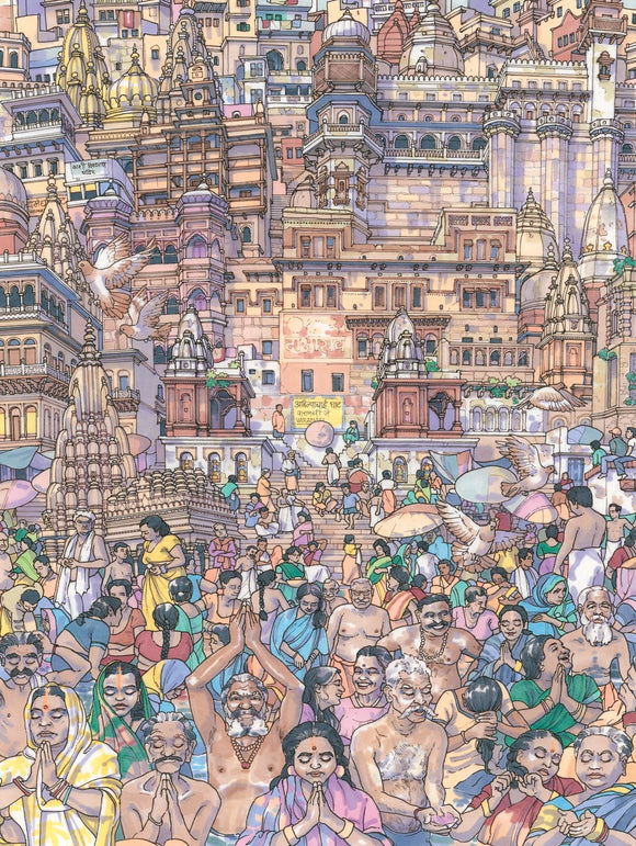 A colorful jigsaw puzzle featuring a vibrant scene from Varanasi, India. The illustration showcases a bustling riverside filled with people engaging in rituals, surrounded by intricate architecture and colorful clothing in a lively atmosphere.