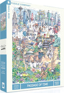 The Passage of Time jigsaw puzzle by New York Puzzle Company featuring a vibrant and detailed illustration that showcases various historical figures, architectural landmarks, and diverse cultures interwoven through time. The packaging displays a colorful array of scenes including famous buildings, people in traditional attire, trees, and wildlife, all intricately designed into a vivid artwork.