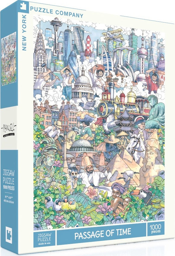 The Passage of Time jigsaw puzzle by New York Puzzle Company featuring a vibrant and detailed illustration that showcases various historical figures, architectural landmarks, and diverse cultures interwoven through time. The packaging displays a colorful array of scenes including famous buildings, people in traditional attire, trees, and wildlife, all intricately designed into a vivid artwork.