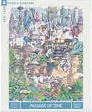 A colorful jigsaw puzzle titled 'Passage of Time' featuring iconic landmarks, historical figures, and vibrant plants. The scene includes images of cities, people, and various cultural elements, all intricately designed in a whimsical style, making it suitable for puzzle enthusiasts who appreciate art and history.