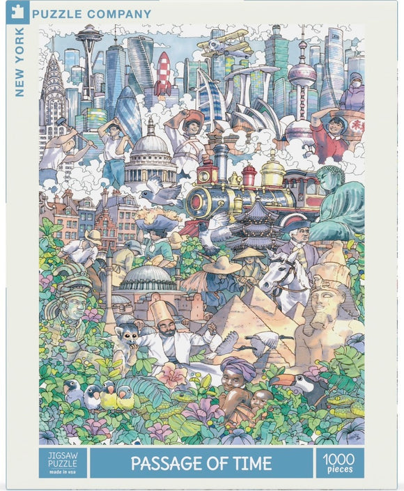 A colorful jigsaw puzzle titled 'Passage of Time' featuring iconic landmarks, historical figures, and vibrant plants. The scene includes images of cities, people, and various cultural elements, all intricately designed in a whimsical style, making it suitable for puzzle enthusiasts who appreciate art and history.