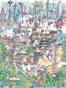 A colorful jigsaw puzzle titled 'Passage of Time' featuring a vibrant collage of iconic landmarks and cultural symbols from around the world. Includes images of skyscrapers, historical buildings, diverse people engaged in various activities, and rich flora surrounding them.