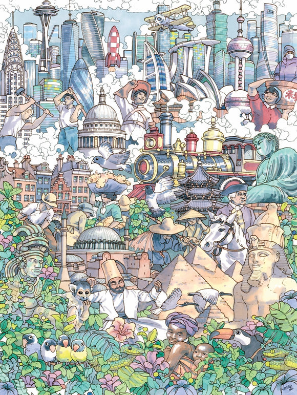 A colorful jigsaw puzzle titled 'Passage of Time' featuring a vibrant collage of iconic landmarks and cultural symbols from around the world. Includes images of skyscrapers, historical buildings, diverse people engaged in various activities, and rich flora surrounding them.