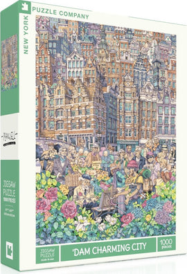 The 'Dam Charming City' jigsaw puzzle by New York Puzzle Company features a vibrant, intricately detailed scene of a lively city square filled with people, carts, and colorful flowers. The artwork showcases charming buildings in a bustling market setting, capturing the essence of urban life. This 1000-piece puzzle offers both a challenge and an artistic experience for puzzle enthusiasts.